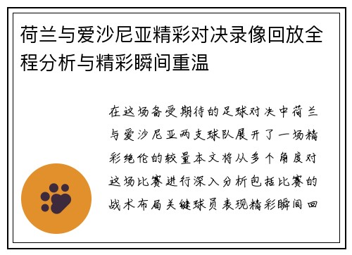 荷兰与爱沙尼亚精彩对决录像回放全程分析与精彩瞬间重温